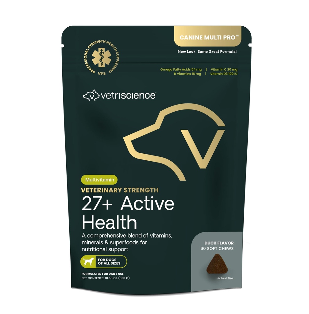VetriScience Veterinary Strength 27+ Active Health Chews - Comprehensive Dog Multivitamin for Dog Health & Wellness - Digestive Support - Duck Flavor - 60 Count