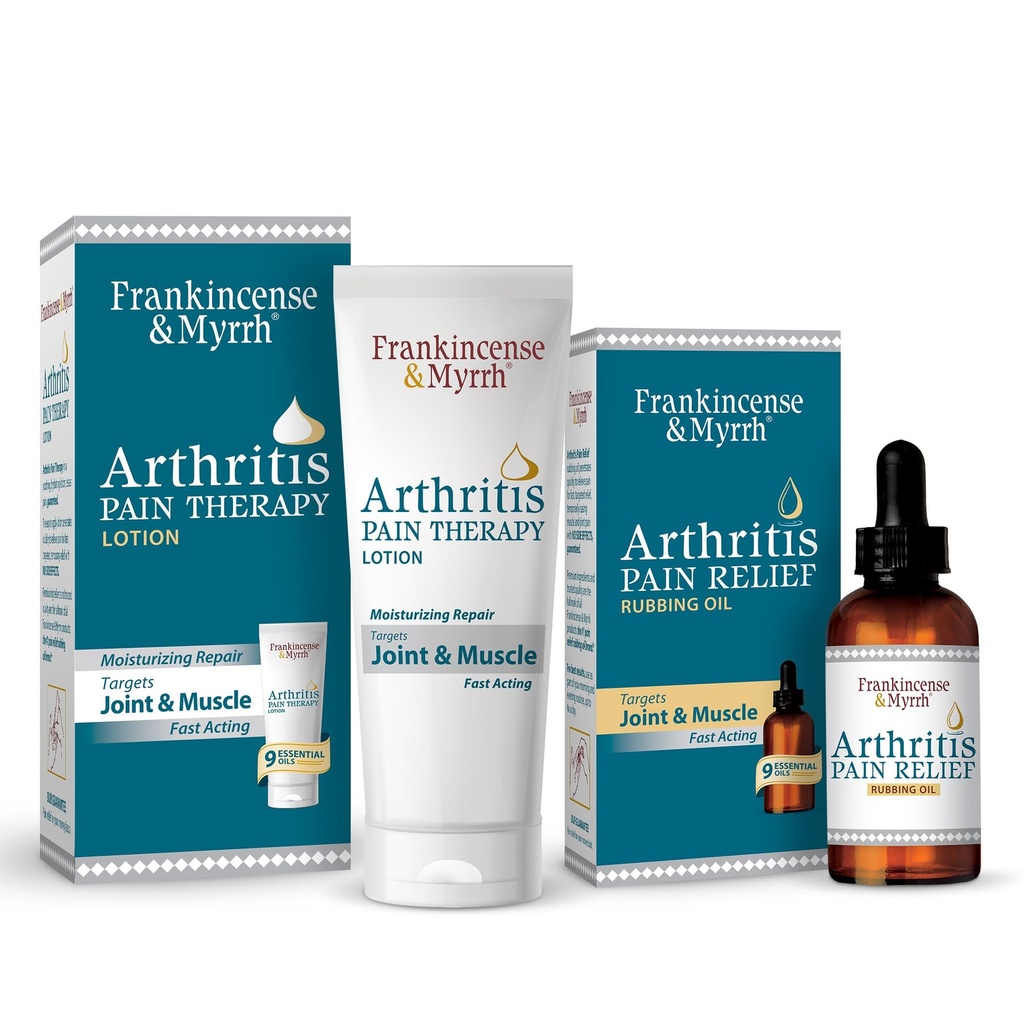 FRANKINCENSE & MYRRH Combo Pack - Arthritis Pain Relief Rubbing Oil 2 oz. and Arthritis Pain Reliever Therapy Cream for Joints & Sciatica Relief, 3 oz., Hydrating Lotion with Essential Oils