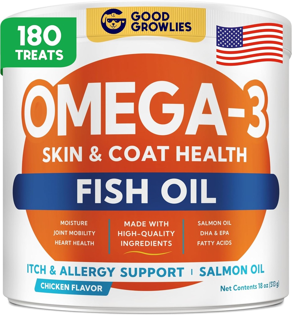 Omega 3 Köpekler için Balık Yağı (180 Ct) - Skin & Coat Chews - Kuru & Itchy Skin Relief + Alerji Desteği - Shiny Coats - EPA&DHA Fatty Asits - Natural Salmon Oil Chews Kalp, Hip & Ortak Destek