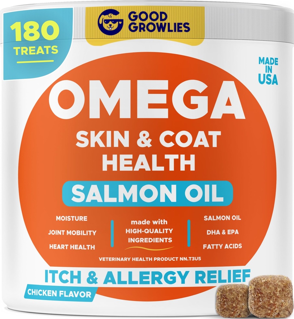 Omega 3 Köpekler için Balık Yağı (180 Ct) - Skin & Coat Chews - Kuru & Itchy Skin Relief + Alerji Desteği - Shiny Coats - EPA&DHA Fatty Asits - Natural Salmon Oil Chews Kalp, Hip & Ortak Destek