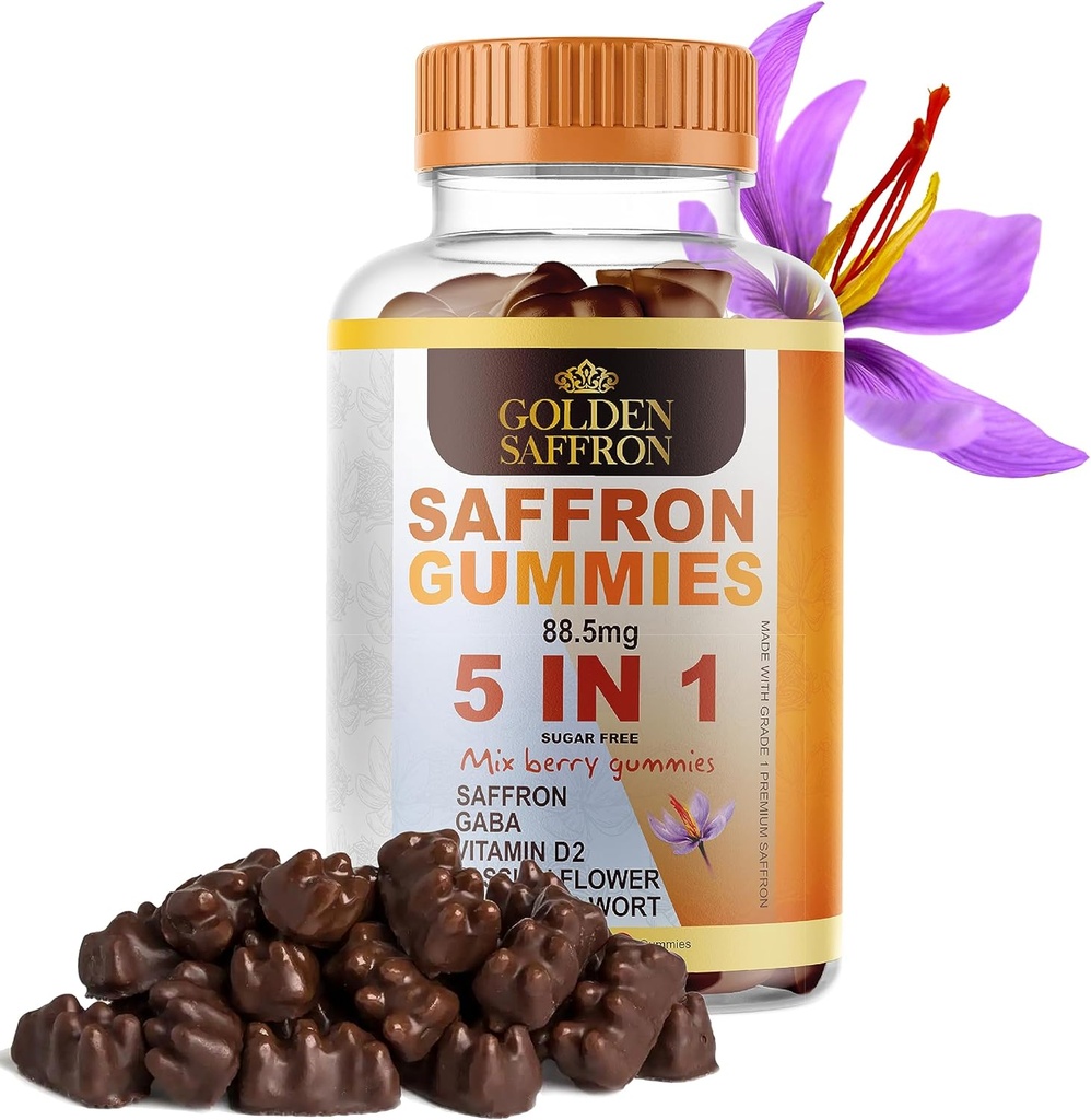 GOLDEN SAFFRON, Saffron Gummies 88.5 mg. Pure Saffron Extract + GABA, Vitamin D2, Passion Flower ve St. John's Wort için, Holistic Wellness,Cherries Flavor Vegan Vegan Vegan Vegan Vegan