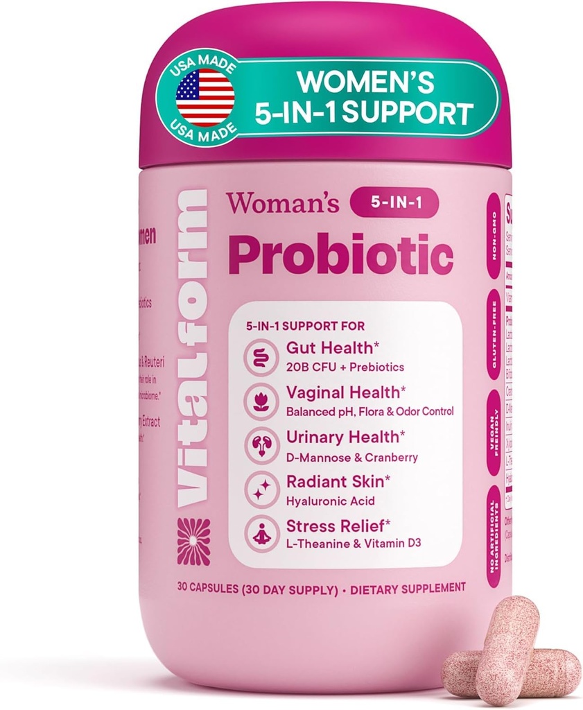 Women’s Probiotic 20 Billion CFU – 5-in-1 Daily Support for Digestive, Vaginal & Urinary Health – with Cranberry, D-Mannose, Prebiotics & Hyaluronic Acid – 30 Capsules