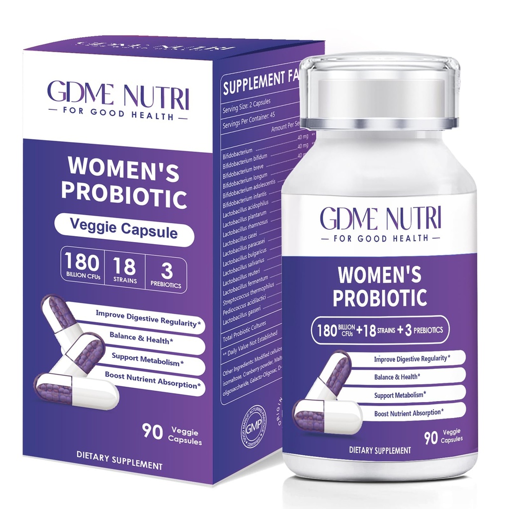 Probiotics 180 Billion CFU 18 Strains Contains Organic Prebiotic Cranberry Probiotic Supplement Digestion Immunity for Women's Health,Non Soy Gluten Dairy Free 90 Vegetarian Capsules