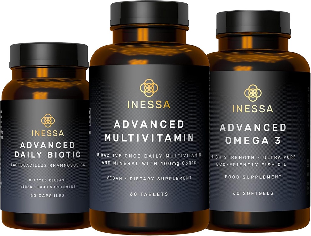 Inessa Essential Wellness Sche | Multivitamin, Probiyotik & Omega 3, Erkekler ve Kadın için Optimal Sağlık Için Klinik Bir Şekilde Üretildi