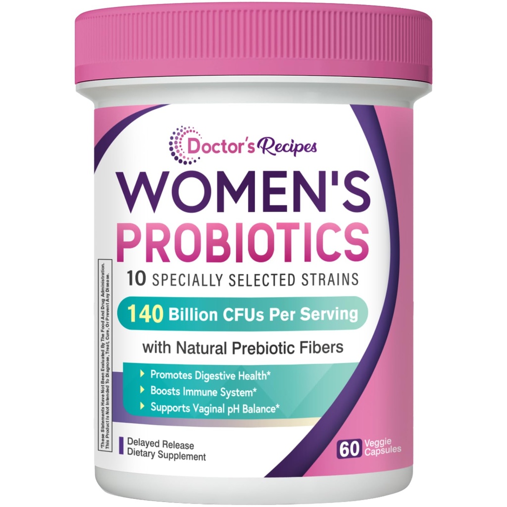Doctor's Recipes Probiotics for Women, Organic Prebiotics and Probiotics for Digestive Health, Vaginal Health, 140 Billion CFU, 10 Strains, Shelf Stable, 60 Capsules