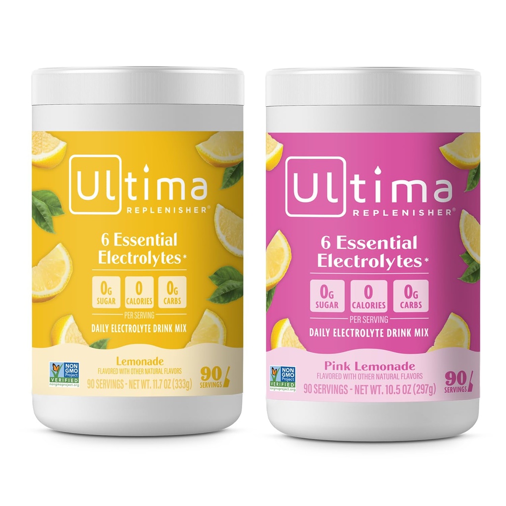 Ultima Replenisher Electrolyte Powder Drink Mix Bundle – Sugar Free – Lemonade and Pink Lemonade, 90 Servings– Hydration Powder - 6 Key Electrolytes and Trace Minerals – Keto Friendly, Non-GMO