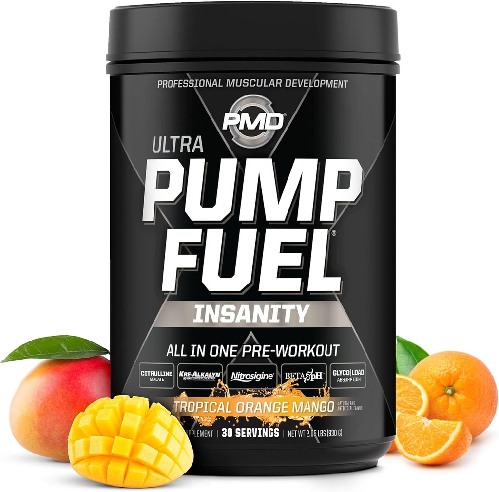 PMD Sports Pump Yakıt Insanlığı - Premium Pre Workout Toz & Muscle Pump, Greater Focus, Endurance & Recovery, Premium Kreine, Arginine & Beta Alanine, Tropikal Orange Mango (30 Hizmet)