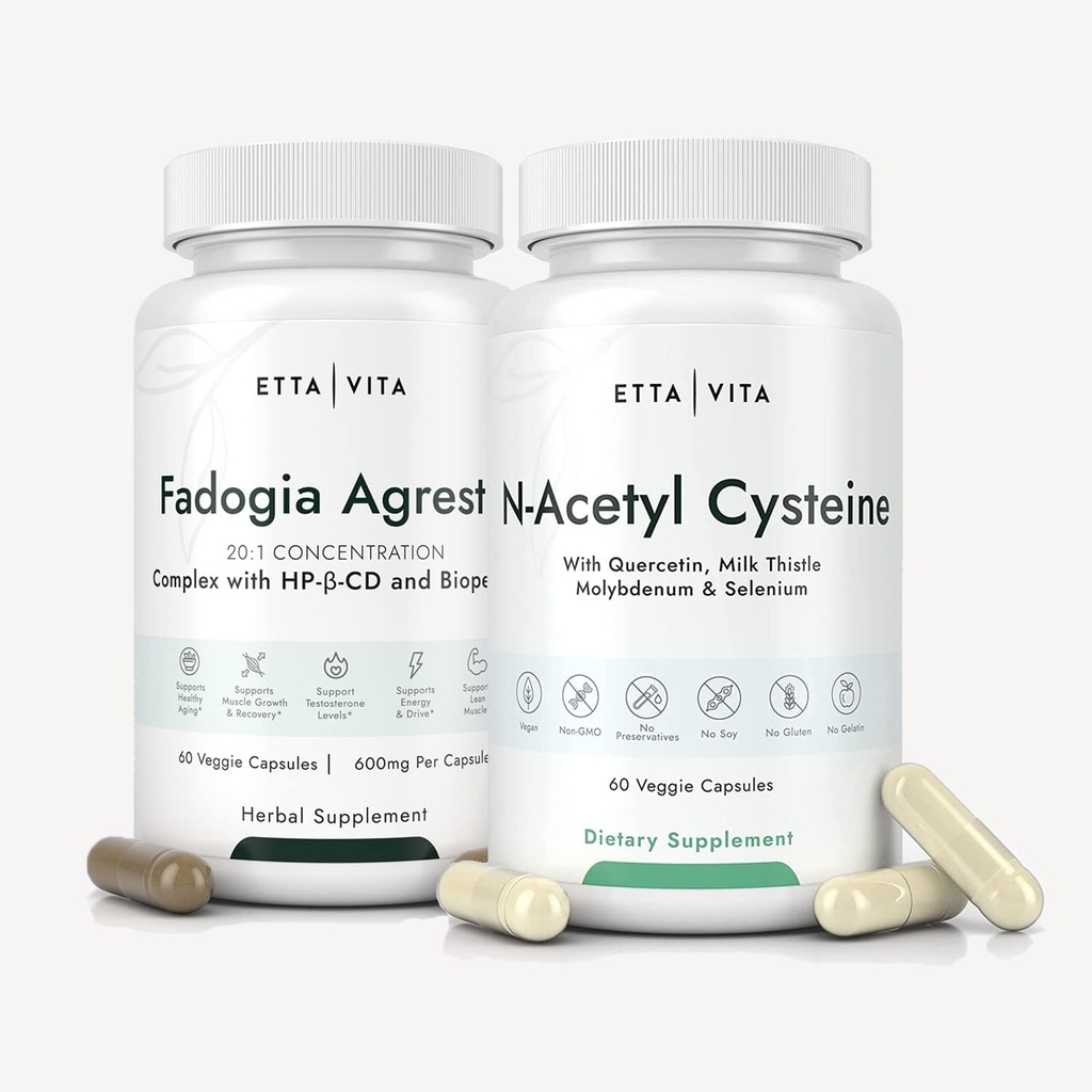 Etta Vita Fadogia Agrestis 600 mg + N-Acetyl Cysteine 600 mg, 3X Absorbency with BioPerine & HP-LR CD in Fadogia Agrestis, NAC Supplement with Quercetin, Milk Thistle, Molybdenum & Selenium