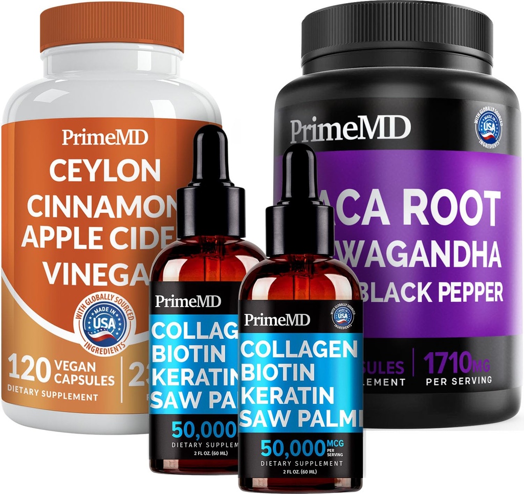 5-in-1 Ceylon Cinnamon (120ct), 4-in-1 Biotin Collagen Keratin Saw Palmetto (2 fl oz - 2 Pack) & 6in-1 Maca Root Ashwagandha (120ct) - Grafik & Immune Support Supplement, Skin & Immune Support Supplement