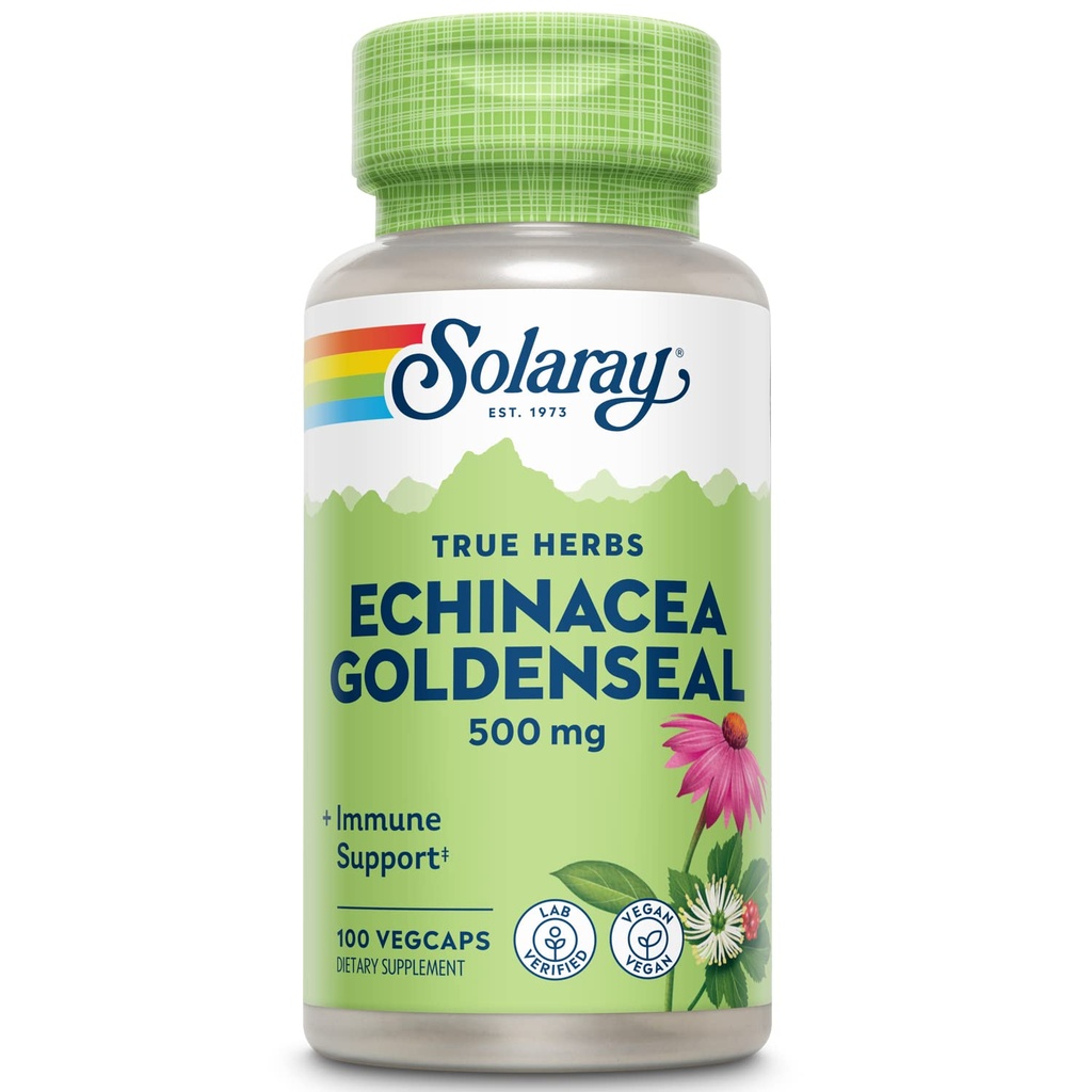 SOLARAY Echinacea Goldenseal - Ισχυρό μείγμα δύο βοτανικών συμπληρωμάτων για την υποστήριξη της ευεξίας - 250mg ρίζα Ea Echinacea και Goldenseal Root - μη ΓΤΟ, Vegan, χωρίς γλουτένη, 60-ημέρα εγγύηση, 100 υπηρεσίες