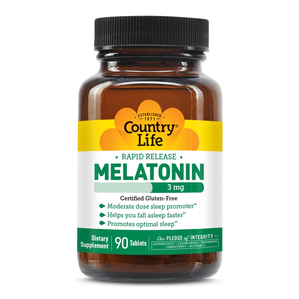 Country Life Melatonin Sleep Aid 3mg - Non-GMO, Gluten-Free, Vegan - Rapid-Release, Fast Dissolve Tablets for Optimal Sleep - No Yeast, Corn, Wheat, Soy - Pure, Authentic Ingredients