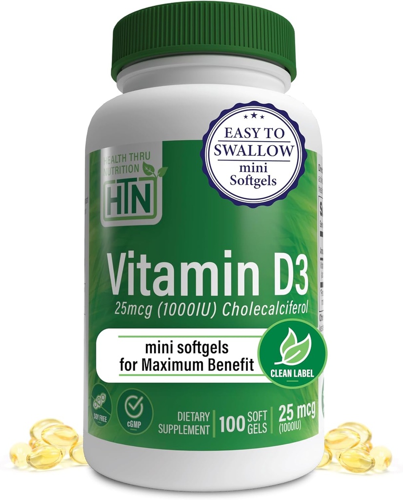 Sağlık Thru Beslenme Vitamini D3 1000iu 100 Az Yararlılık için Mini Softgels | 25mcg Cholecalciferol | 3rd Parti Test Edildi | Non-GMO USP Organik EVOO | Immune Health Support