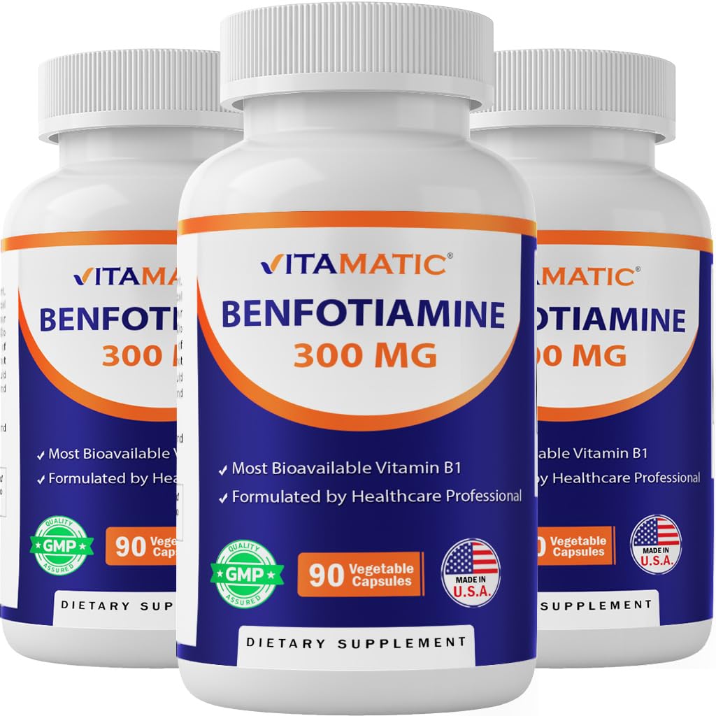 Vitamatic Benfotiamine 300 mg 90 Vegetarian Capsules - Also Called Fat Soluble Vitamin B1 (90 Count (Pack of 1)) (3 Bottles)