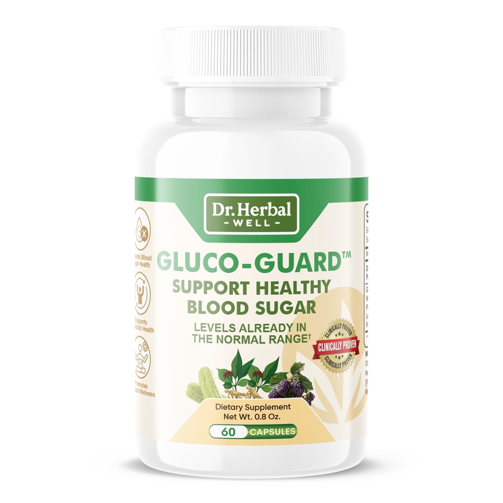 DR. HERBAL WELL Gluco-Guard with Ginseng Plus Supplement Supports Healthy Blood Sugar Levels Already Within Normal Range. No Added Vitamins, Minerals 100% Natural Ingredients (60 Capsules)