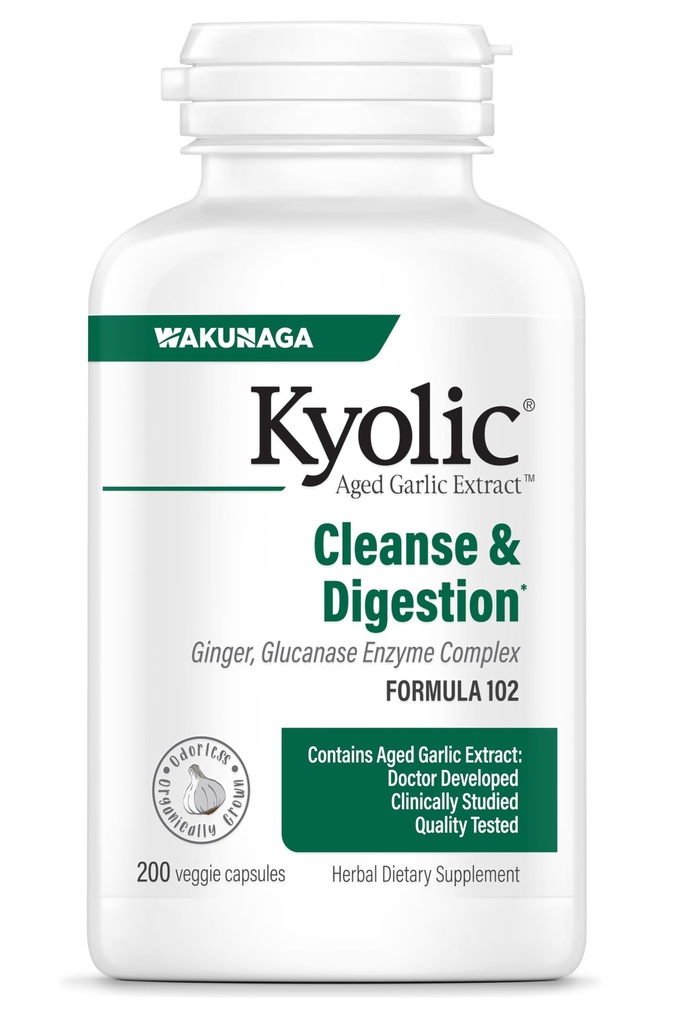 Kyolic Aged Garlic Extract Formula 102, Cleanse & Digestion*, Ginger and Enzyme Complex, 200 Capsules