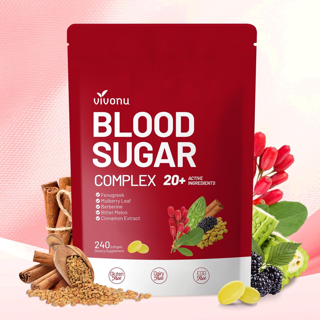 VivoNu Blood Sugar Complex Supplement | Advanced Formula with 20 Herbs and Vitamins with Cinnamon, Turmeric, Black Pepper, Licorice and More, Vegan, Non-GMO, Gluten-Free