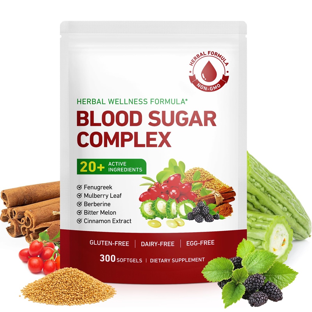 Blood Sugar Complex Supplement | 20+ Active Herbs-Berberine, Cinnamon, Bitter Melon, Mulberry Leaf, Fenugreek, Vitamins for Immune/Metabolism/Balance/Energy, Blood Sugar Level Support | 300 Softgels