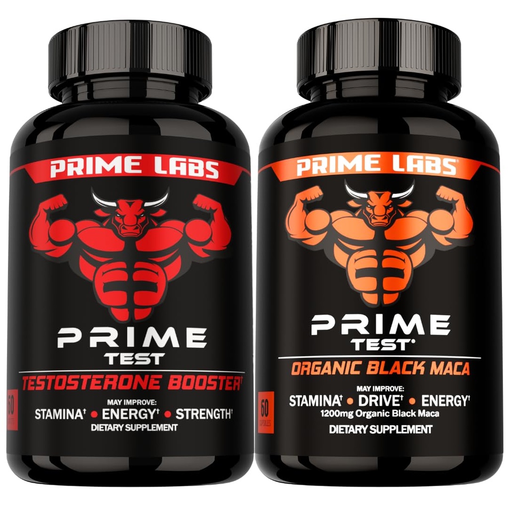 Prime Labs Prime Test Testosterone Booster + Organic Black Maca Capsules - 60 Count Each
