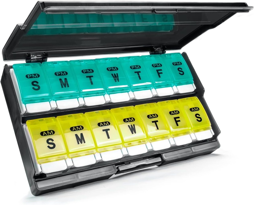 Ekstra Büyük Haftalık Pill Organizer 2 Times a Day - Remtise Am/Pm Daily Pill Case Medicine Organizer, Push Düğme 7 Day Pill Box for Pills/Vitamin/Cod Liver Oil /Supplements (Cyan & Sarı)