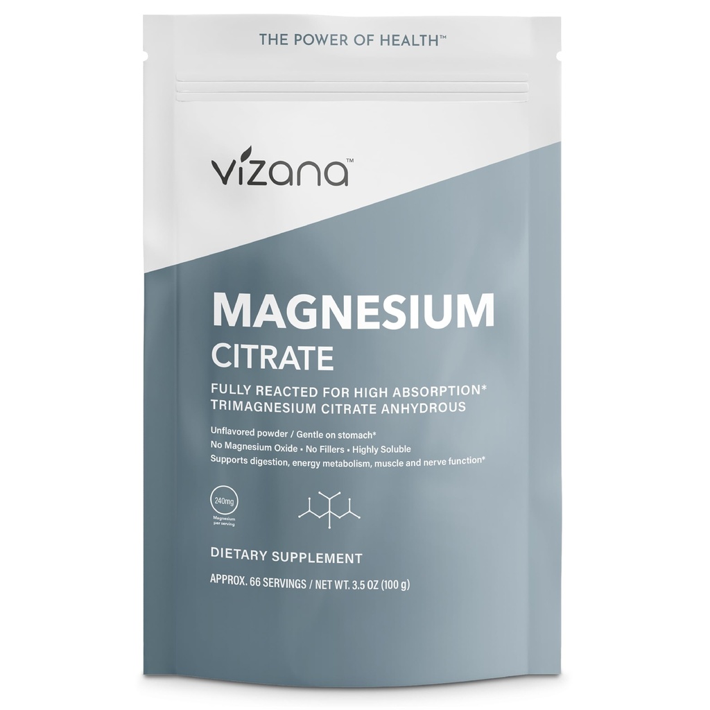 VIZANA Magnesium Citrate Powder – 240mg Elemental Magnesium – High Absorption, Highly Soluble – Supports Digestion – 3.5 oz (66 Servings), Unflavored