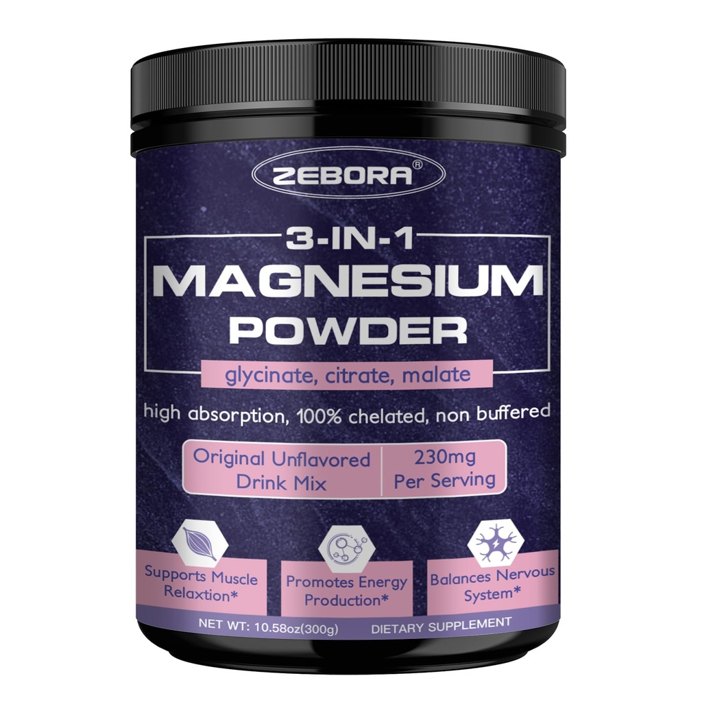 ZEBORA Magnesium Powder for Sleep, Chelated Magnesium Complex Supplement with Glycinate, Citrate and Malate, Unflavored Drink Mix with Electrolytes for Muscle & Brain Health, Vegan, Non-GMO, 10.58oz