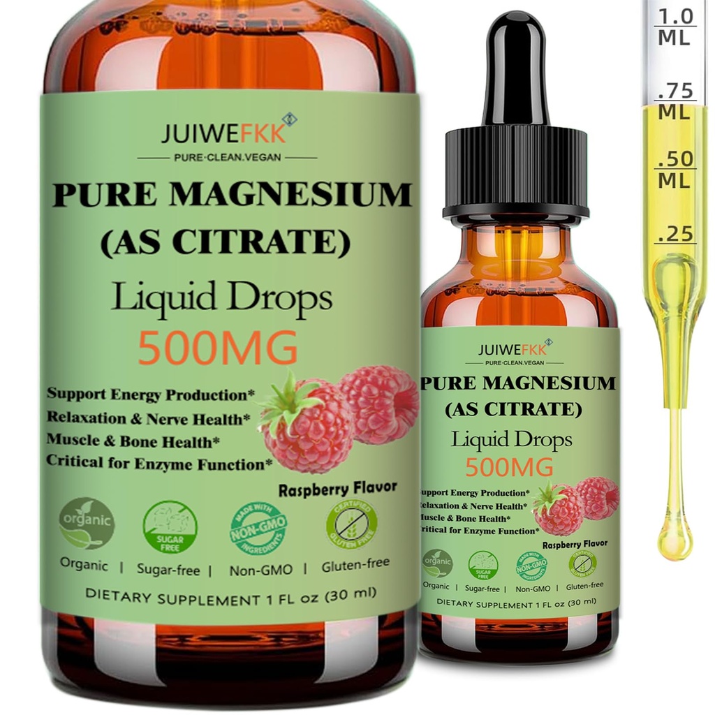 Pure Magnesium Citrate 500mg Liquid Drops, High Absorption Chelated Calm Magnesium for Sleep Relaxation Muscle Bone Nerve & Brain Health, Gentle on Stomach, Non GMO, Vegan for Women Men & Kids