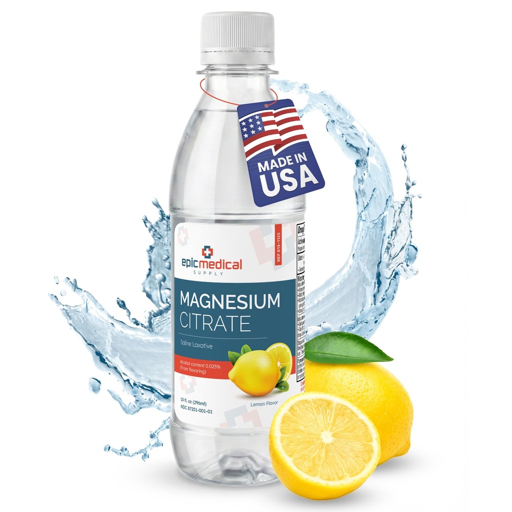 Epic Medical Supply Magnesium Citrate 10 fl oz – Lemon Flavor - Liquid Saline Laxative – for Occasional Constipation Support (1)