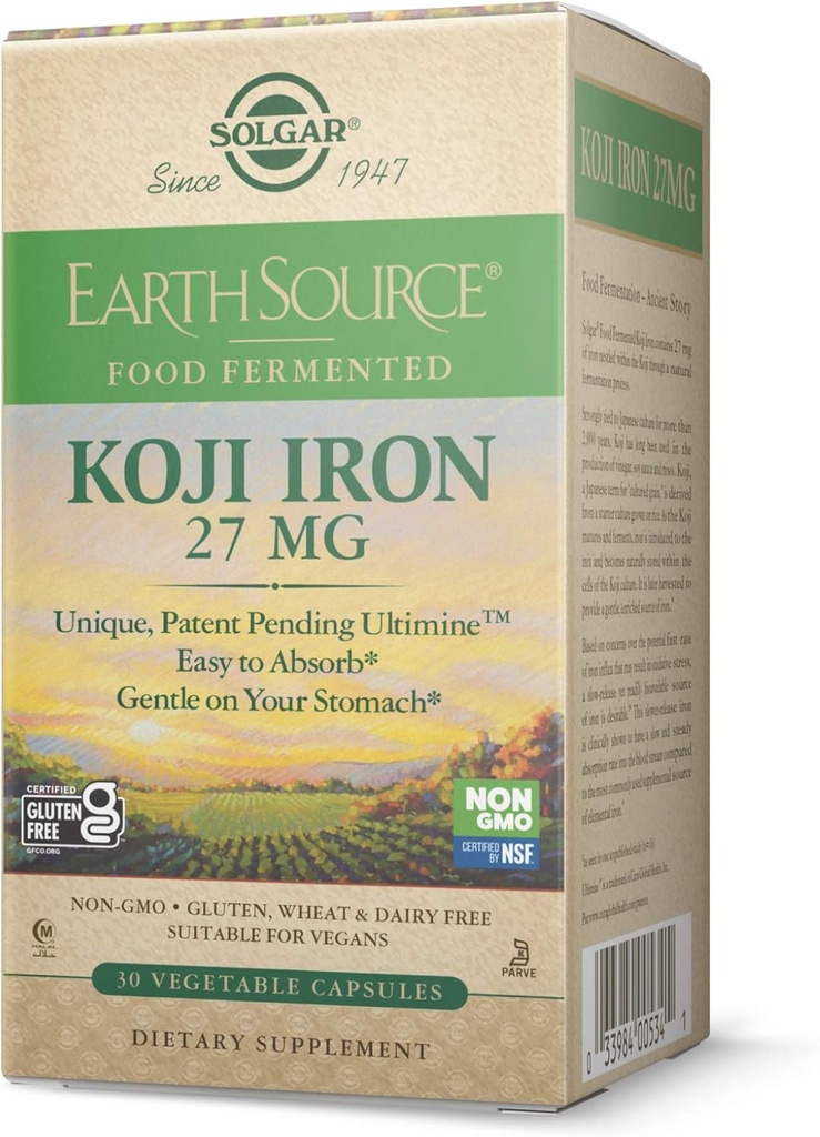 Solgar Earth Source Food Fermented Koji Iron 27mg, 30 Sebze Kapsülleri - Yüksek Aborpsiyon, Slow-Release Iron - Stomach - Non-GMO, Vegan, Gluten Free, Dairy Free, Kosher - 30 Hizmet