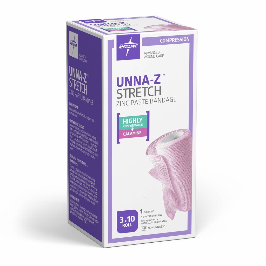 Medline Unna-Z Stretch Zinc Oxide Compression Bandage with Calamine, 3" x 10 yd., Ideal for Conditions Requiring Mild Compression