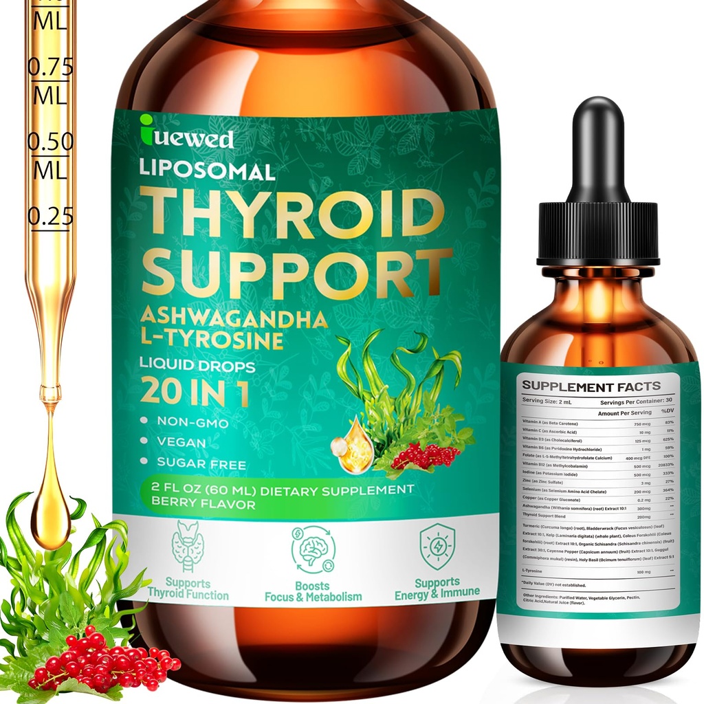 Thyroid Support Complex Liquid Drops for Women & Men - High Potency Iodine, Zinc, Selenium & Ashwagandha for Cortisol & Stress Relief - Natural Metabolism & Energy Booster - 2 oz (60ml)
