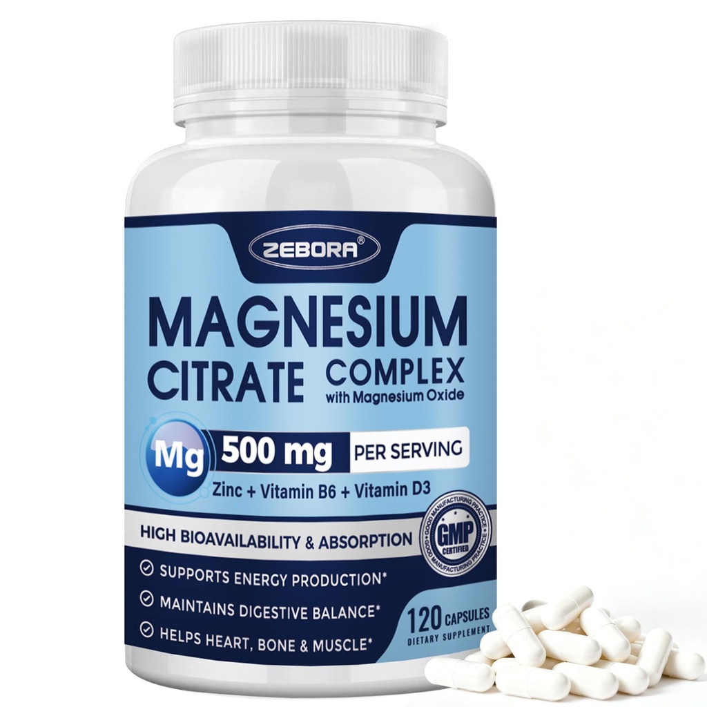 ZEBORA Magnesium Citrate Complex 500mg with Vitamin D3 B6 & Zinc | Magnesium Supplement for Sleep, Muscle, Heart, Bone & Metabolism Support | 120 Capsules, 4-Month Supply, Vegan, Non-GMO, Gluten Free