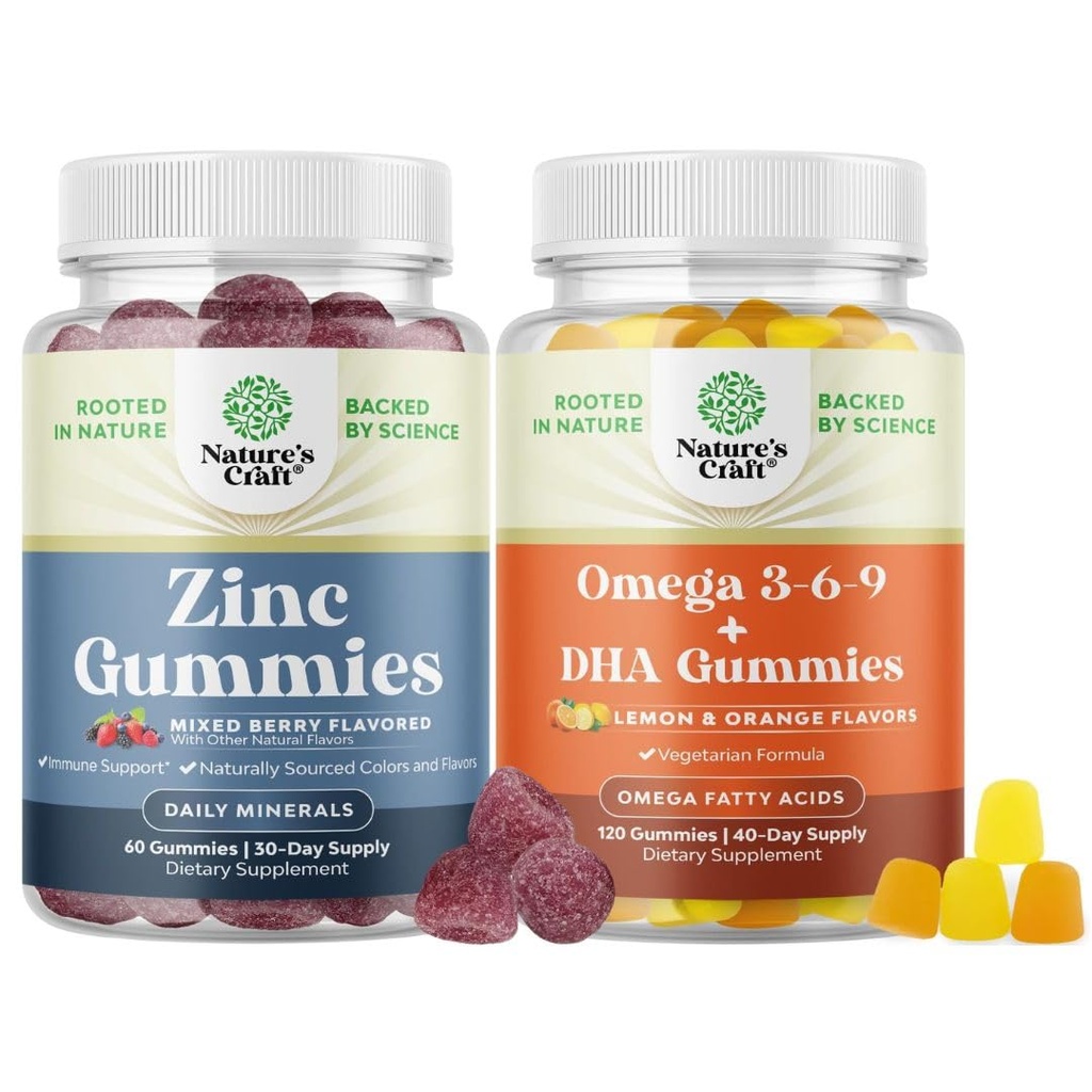 Bundle of Extra Strength Zinc Gummies for Adults - Chewable Zinc Supplements for Energy & Immune Support and Omega 3 Gummies - Vegetarian Omega 3 6 9 DHA Gummies for Brain Bone & Heart Health