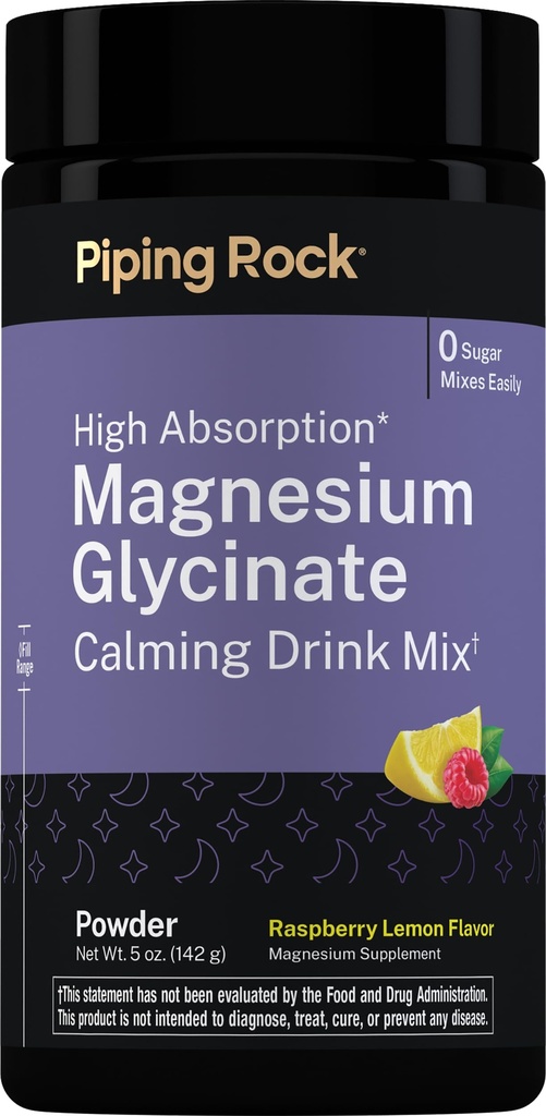 Piping Rock Magnesium Glycinate | 5 oz Powder | Calming Drink Mix | High Absorption | Raspberry Lemon Flavor | Non-GMO, Gluten Free Supplement