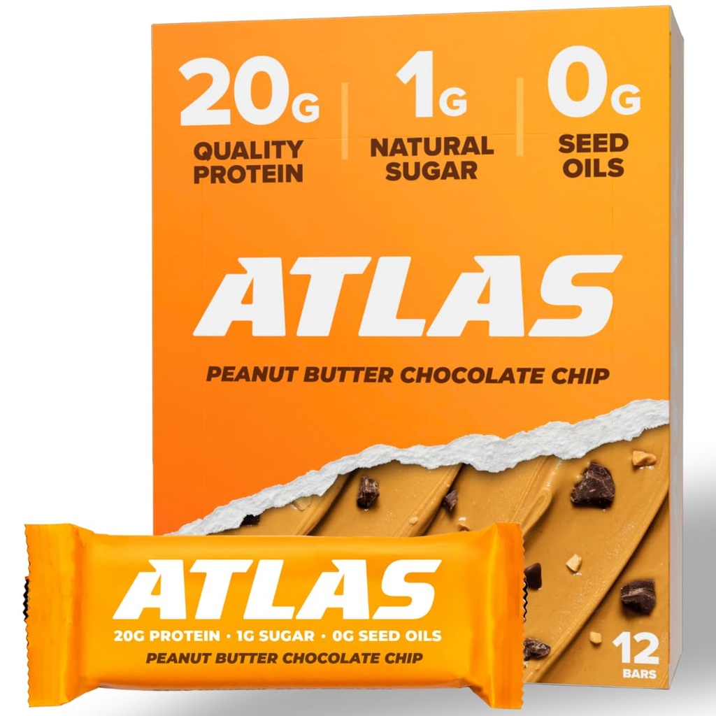 Atlas Bar – 20g protein, 1g Sugar, 0g Seed Oils, 0g Yapay Tatlıcılar (Peanut Butter Chip Chocolate, 12 Count)