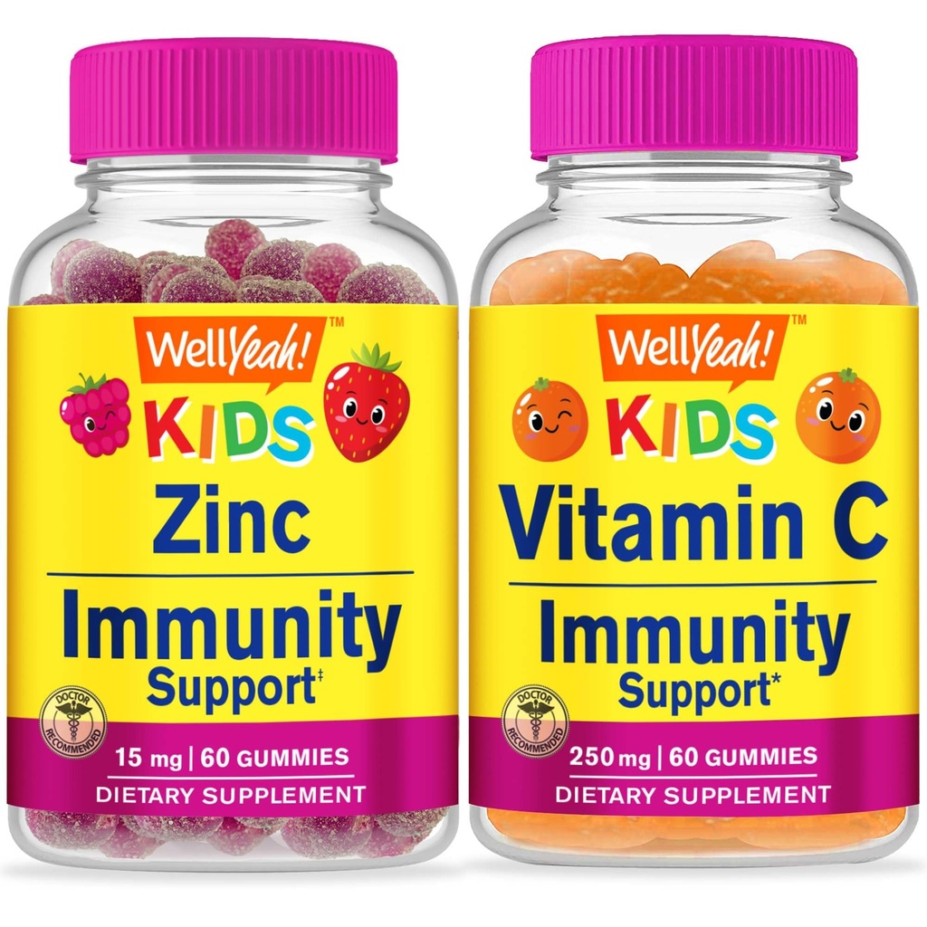 WellYeah Zinc Kids 15mg + Vitamin C Kids, Gummies Bundle - Great Tasting, Vitamin Supplement, Gluten Free, GMO Free, Chewable Gummy
