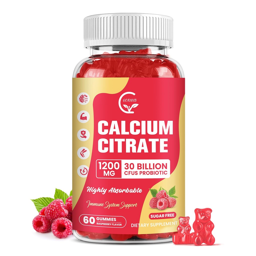 Calcium Citrate Gummies, Calcium 1200 mg with Vitamin d3, K2, Magnesium, Zinc for Bone, Muscle & Immune Support, High Absorption Calcium Supplement for Women & Men, Raspberry Flavor, 60 Chews