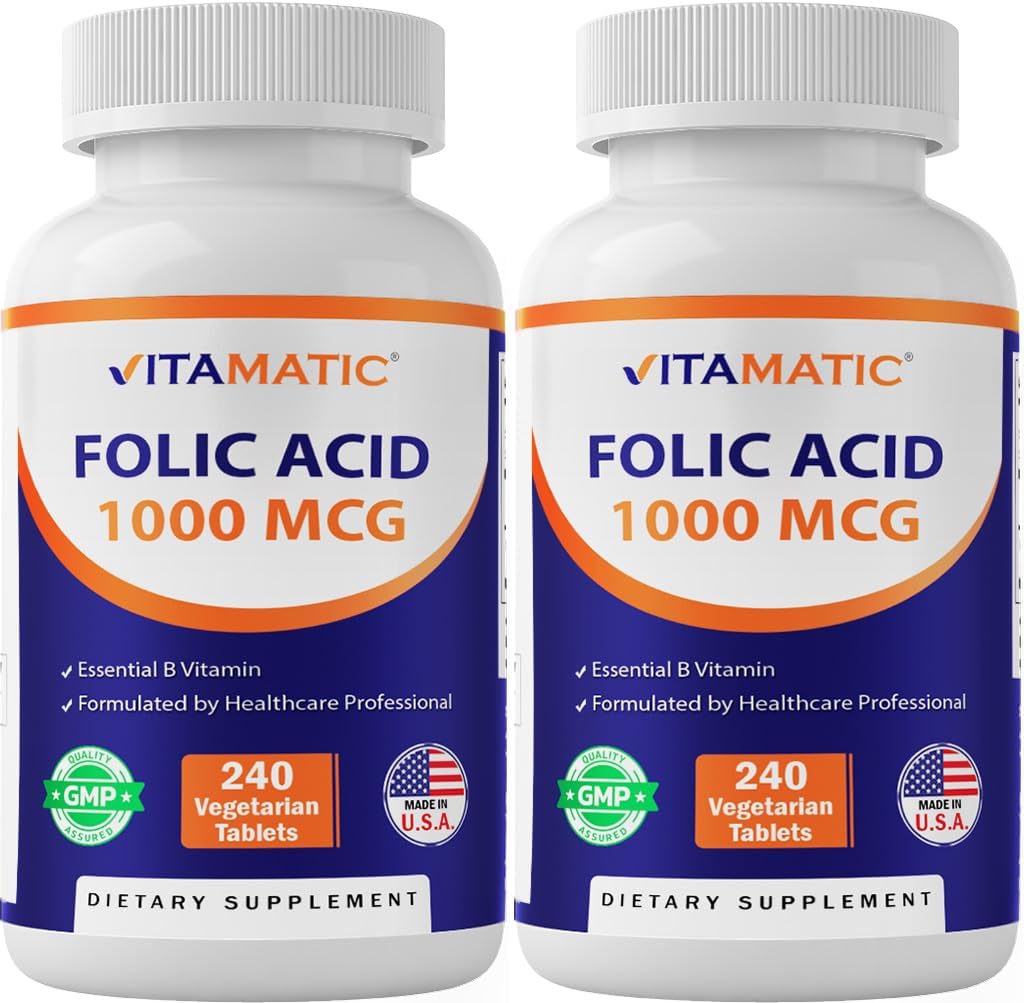 Vitamatic Folic Acid 1000 mcg (1 mg) - 240 Vejetaryen Tabletler (Pack of 2) 1667 mcg DFE - Prenatal, Heart & Cellular Health