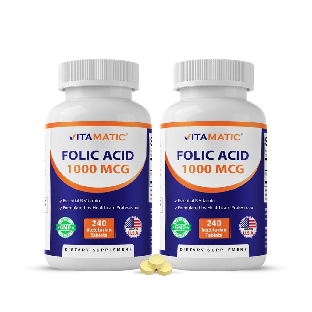 Vitamatic Folic Acid 1000 mcg (1 mg) - 240 Vejetaryen Tabletler (Pack of 2) 1667 mcg DFE - Prenatal, Heart & Cellular Health