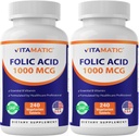 Vitamatic Folic Acid 1000 mcg (1 mg) - 240 Vejetaryen Tabletler (Pack of 2) 1667 mcg DFE - Prenatal, Heart & Cellular Health