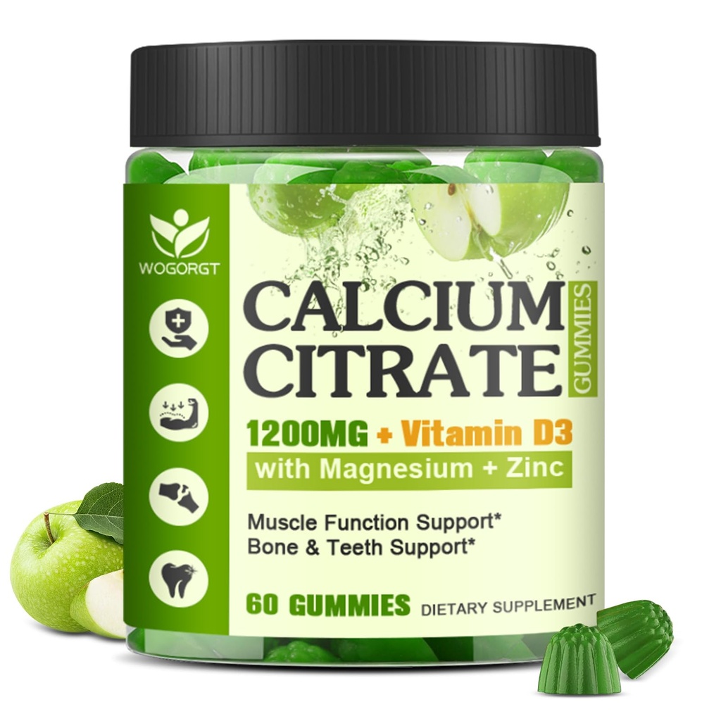 Calcium Citrate 1200mg with Vitamin D3 Supplement for Women and Men - Chewable Calcium Magnesium Zinc D3 K2 Gummies Supplement for Bone, Teeth, Immune Support, Apple Flavor - 60 Gummies
