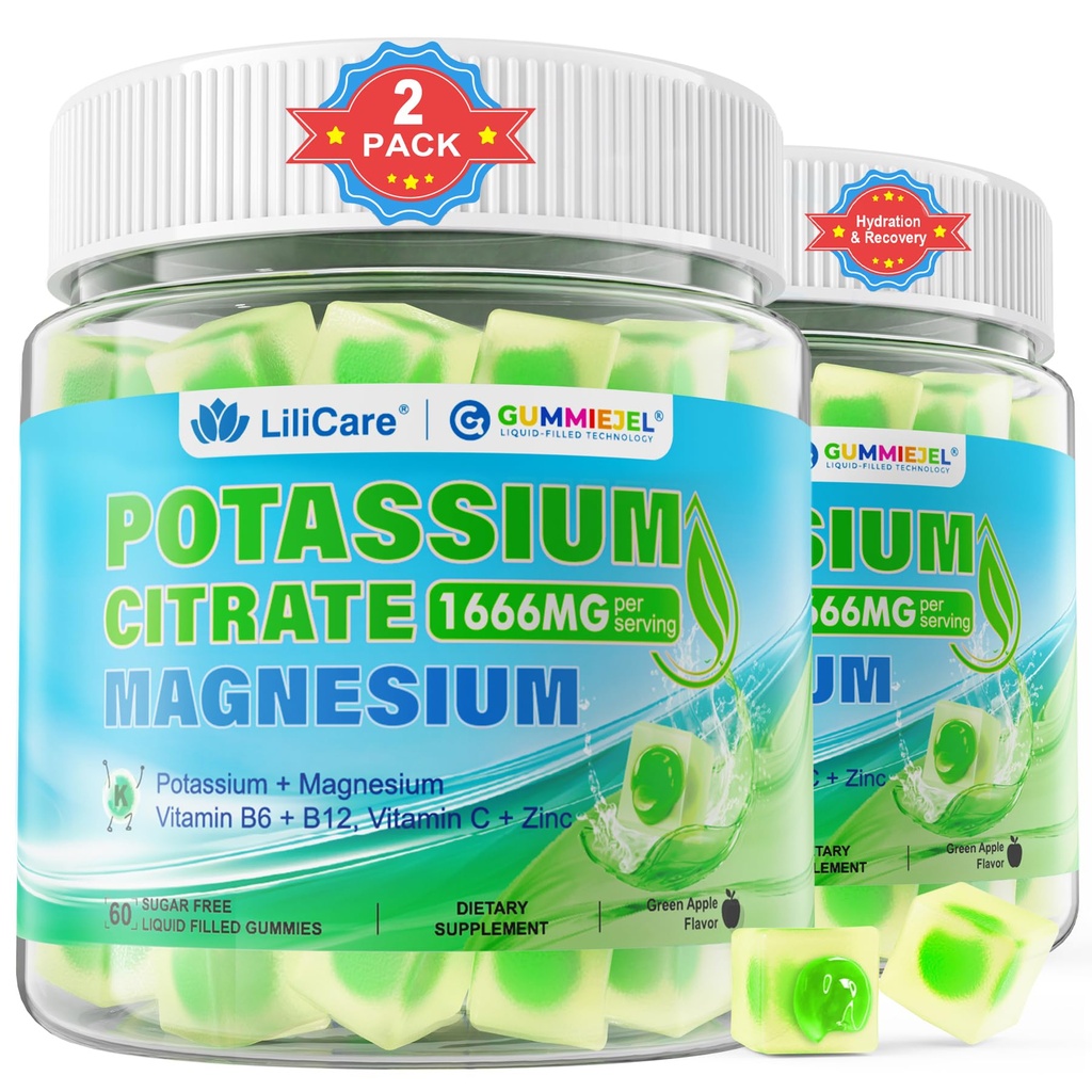 Potassium Citrate Gummies 1666mg for Adults - Potassium Supplement, Magnesium Glycinate, Zinc, B6, B12 & C – Electrolyte Gummies for Energy, Recovery & Leg Cramps, Vegan 120 Cts