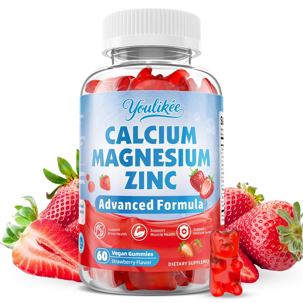 Calcium Magnesium Zinc Gummies for Adult, Calcium Citrate with Vitamin D3, High Absorption Calcium Magnesium Supplement for Women & Men, Sugar-Free, Strawberry Flavor, 60 Count
