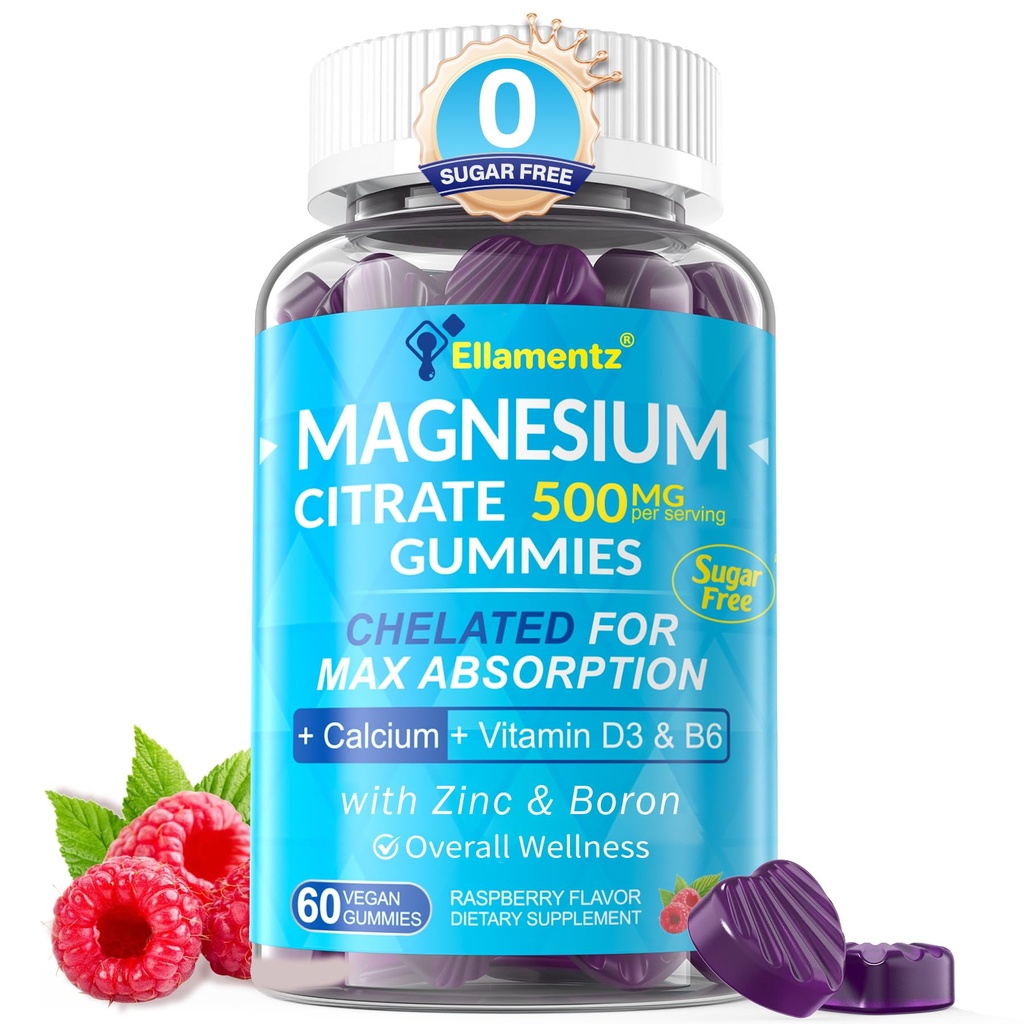 Sugar Free Magnesium Citrate Gummies 500mg for Women Men, Chelated Magnesium Supplement with B6 for Constipation | Calm Magnesium Gummies for Mood | Calcium Magnesium Zinc D3 Gummy for Bone & Muscle