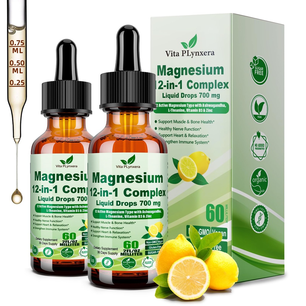 2 Pack 12-in-1 Magnesium Complex Liquid Drops, Chelated Magnesium Citrate Glycinate Taurate Malate Aspartate w. Ashwagandha Theanine D3 & Zinc for Relaxation Sleep Immune Health & Muscle Function.