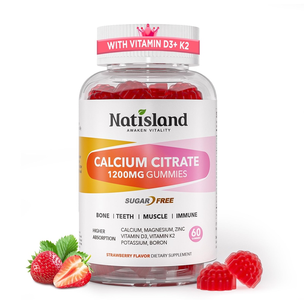 Calcium 1200 mg with Vitamin d3, K2, High Absorption Calcium Citrate with Vitamin D3, K2, Magnesium, Zinc, Potassium, Boron, Calcium Supplements for Women & Men, Sugar-Free, Vegan, 60 Gummies