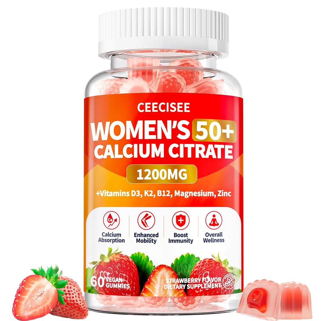 50+ Women's Calcium Citrate Gummies: Sugar Free 1200 mg Calcium Supplements for Women Plus Vitamin D3 K2 B12 B6 Magnesium Zinc - Vegan Calcium Gummy Support Immune Energy Health (60Count)