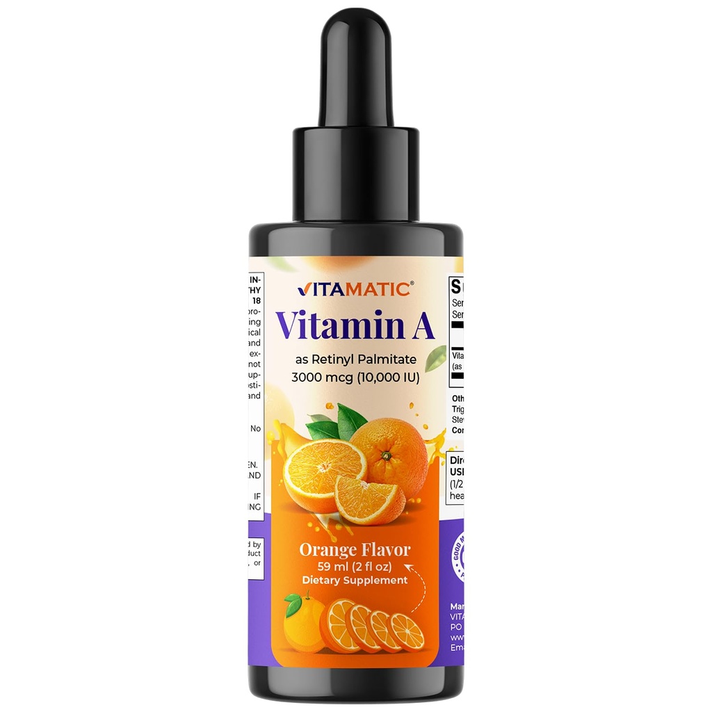 Vitamatic Sugar Free Vitamin A Liquid Drops 10000 IU (3000 mcg) as Retinyl Palmitate - Approximate 4 Months Supply - Immune Support, Eye Health, Skin Health - 2 FL OZ (59 ml)