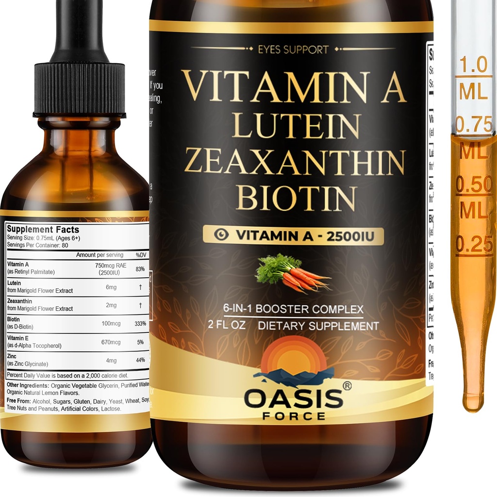 6 in 1 Vitamin A Liquid Drops with Lutein & Zeaxanthin, Vita A Retinyl Palmitate for Skin, Vision & Immune Support, Adults & Kids Ages 6+, Vegan, Non-GMO, 2 Fl Oz