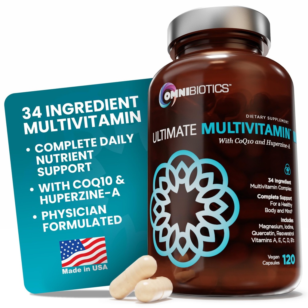 Kadınlar ve Erkekler için OmniBiotics Ultimate Daily Multivitamin - 34 Temel Malzemeler A, C, D, E, B6, B12, Biotin, çinko – 120 Vegan Capsules