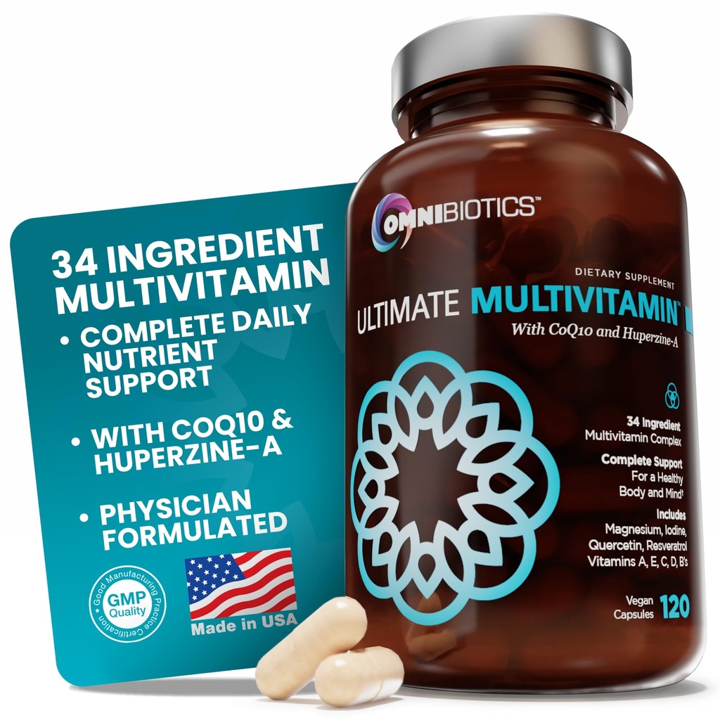 OmniBiotics Ultimate Daily Multivitamin για γυναίκες & άνδρες – 34 Βασικά συστατικά Συμπεριλαμβάνονται η βιταμίνη Α, C, D, E, B6, B12, Βιοτίνη, ψευδάργυρος – 120 κάψουλες Vegan